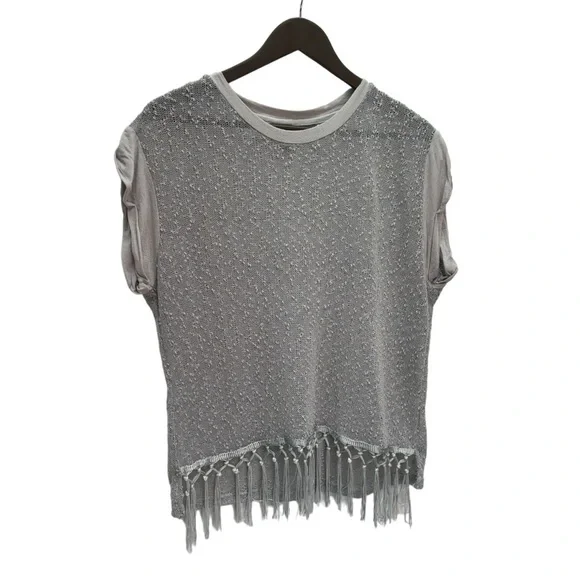 Danny Be Grey Loose Knit Short Sleeve Round Neck Sweater Top Size S - Picture 2 of 8